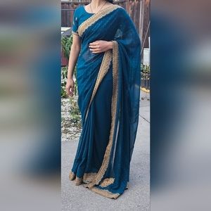 Dark blue georgette saree NEGOTIABLE
